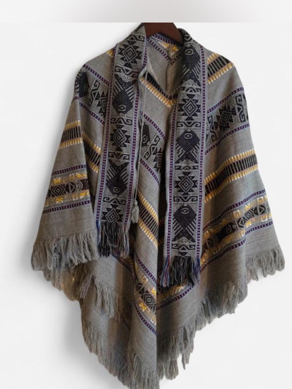 Gray Aztec Fringe Poncho with Black & Multi Color Accents
